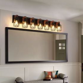 Industrial Vintage 7-Light Wall Sconce - Black Cage Wall Lighting Fixture with Wooden Accents for Bathroom, Hallway Industrial Vintage 7-Light Wall Sconce - Black Cage Wall Lighting Fixture with Wooden Accents for Bathroom, Hallway