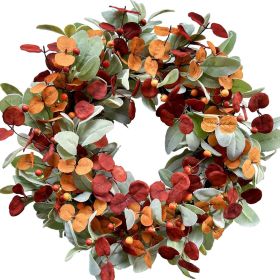 Artificial autumn wreath, decorated with lamb's ear leaves, eucalyptus leaves, and berries, suitable for indoor and outdoor farmhouse-style home Artificial autumn wreath, decorated with lamb's ear leaves, eucalyptus leaves, and berries, suitable for indoor and outdoor farmhouse-style home